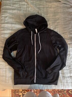Men’s XL - Black Full-Zip Hooded Sweatshirt with White Drawstrings